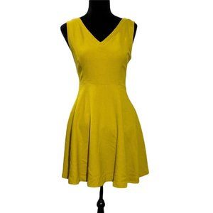 HYPR L Skater Dress Mustard Yellow Gold Deep V Back Basket Weave Texture Flirty